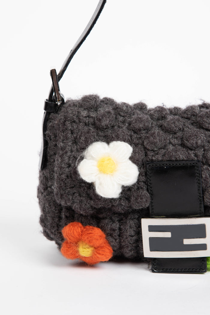 Vintage Fendi Grey Knitted Floral Embellished Baguette Shoulder Bag