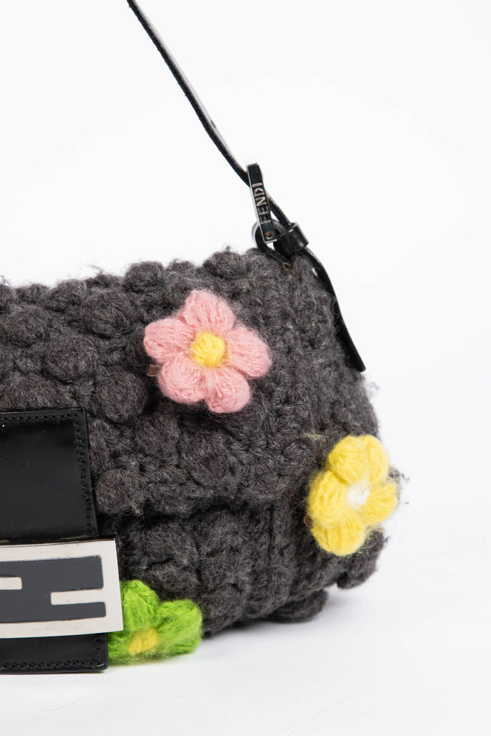 Vintage Fendi Grey Knitted Floral Embellished Baguette Shoulder Bag