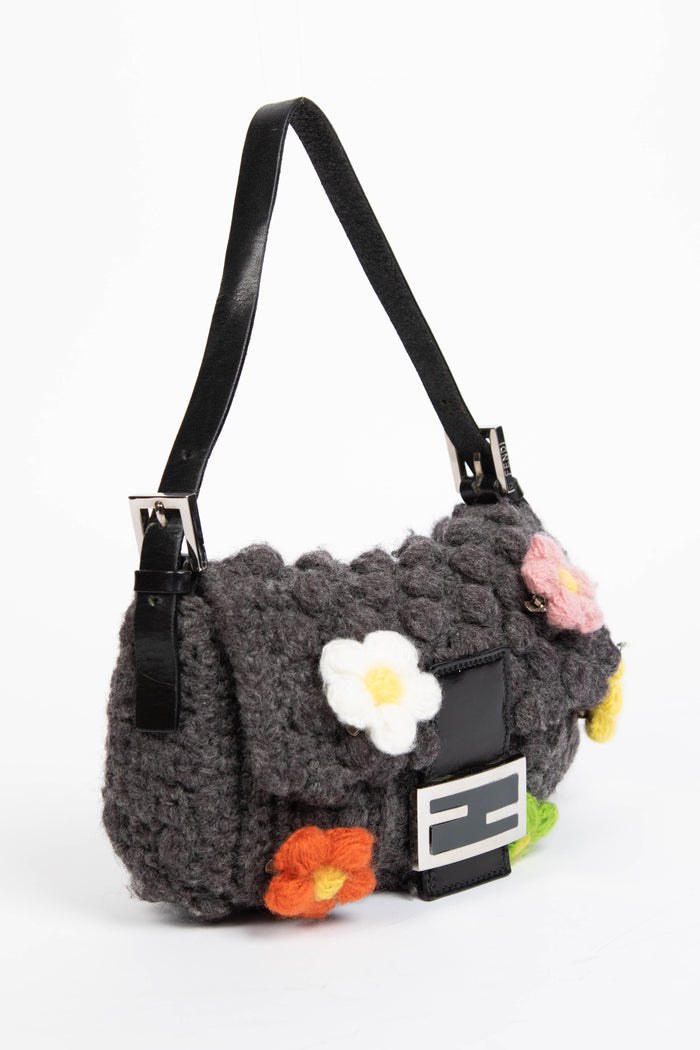 Vintage Fendi Grey Knitted Floral Embellished Baguette Shoulder Bag