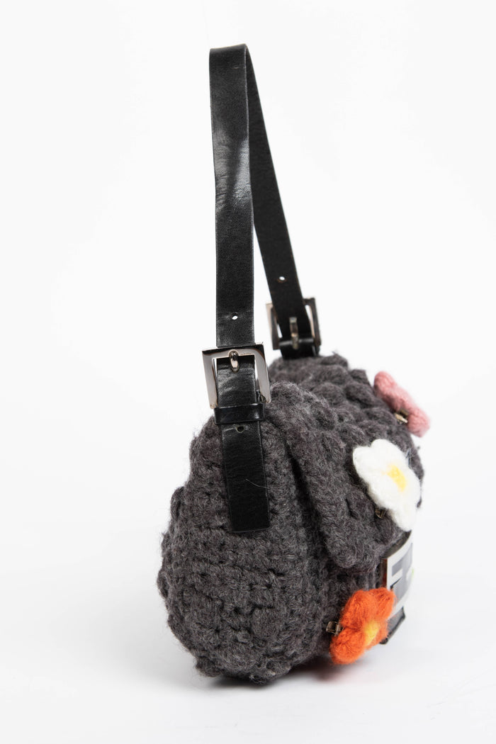 Vintage Fendi Grey Knitted Floral Embellished Baguette Shoulder Bag