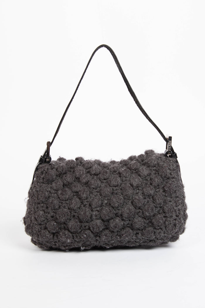 Vintage Fendi Grey Knitted Floral Embellished Baguette Shoulder Bag