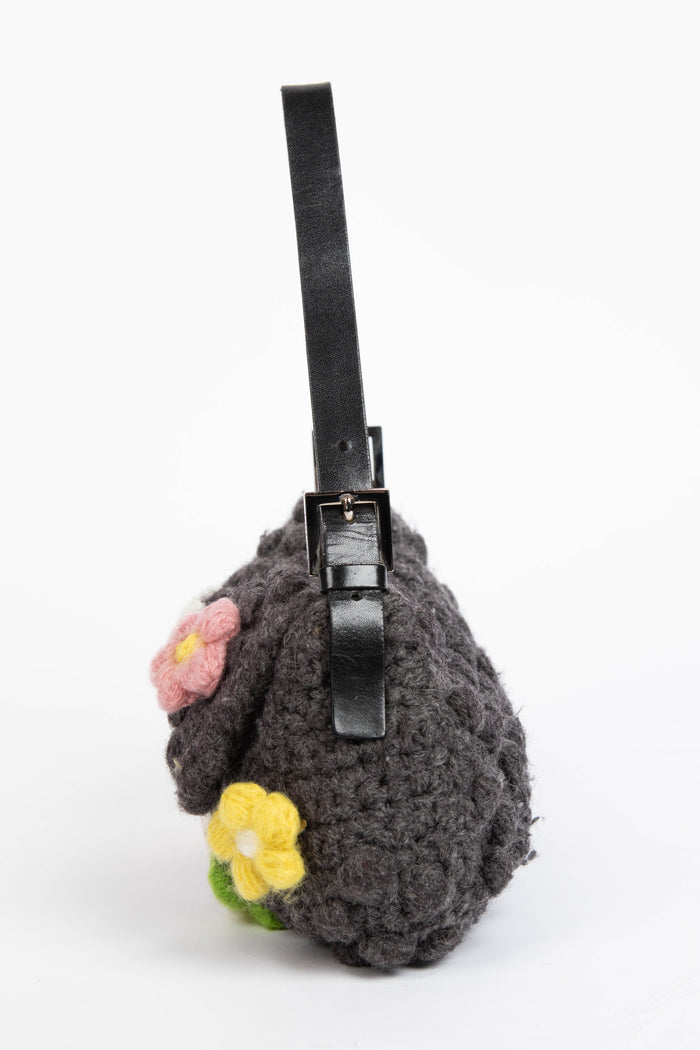 Vintage Fendi Grey Knitted Floral Embellished Baguette Shoulder Bag