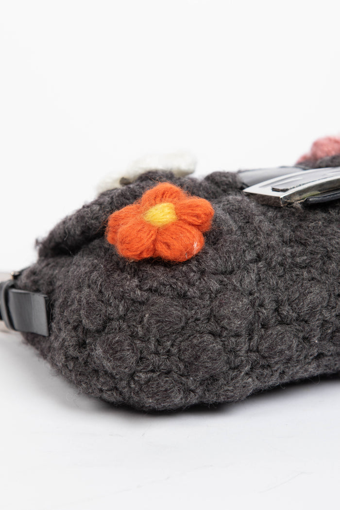 Vintage Fendi Grey Knitted Floral Embellished Baguette Shoulder Bag