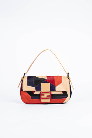 Vintage Fendi Pony Hair Patchwork Baguette Shoulder Bag