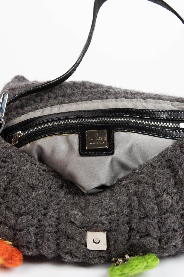 Vintage Fendi Grey Knitted Floral Embellished Baguette Shoulder Bag
