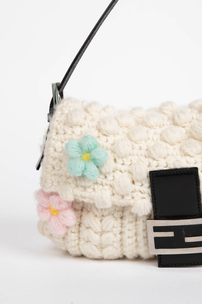 Vintage Fendi Cream Knitted Floral Embellished Baguette Shoulder Bag