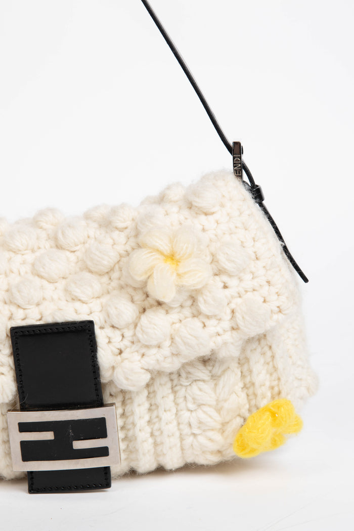 Vintage Fendi Cream Knitted Floral Embellished Baguette Shoulder Bag