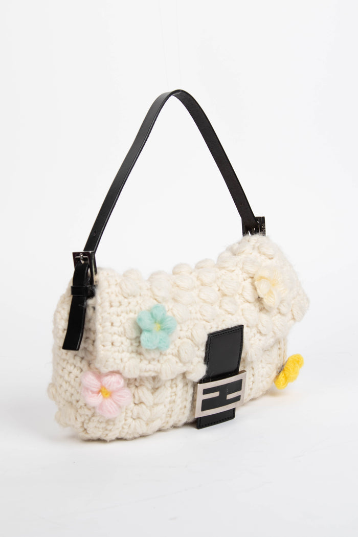 Vintage Fendi Cream Knitted Floral Embellished Baguette Shoulder Bag