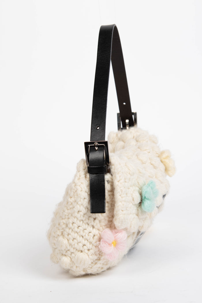 Vintage Fendi Cream Knitted Floral Embellished Baguette Shoulder Bag