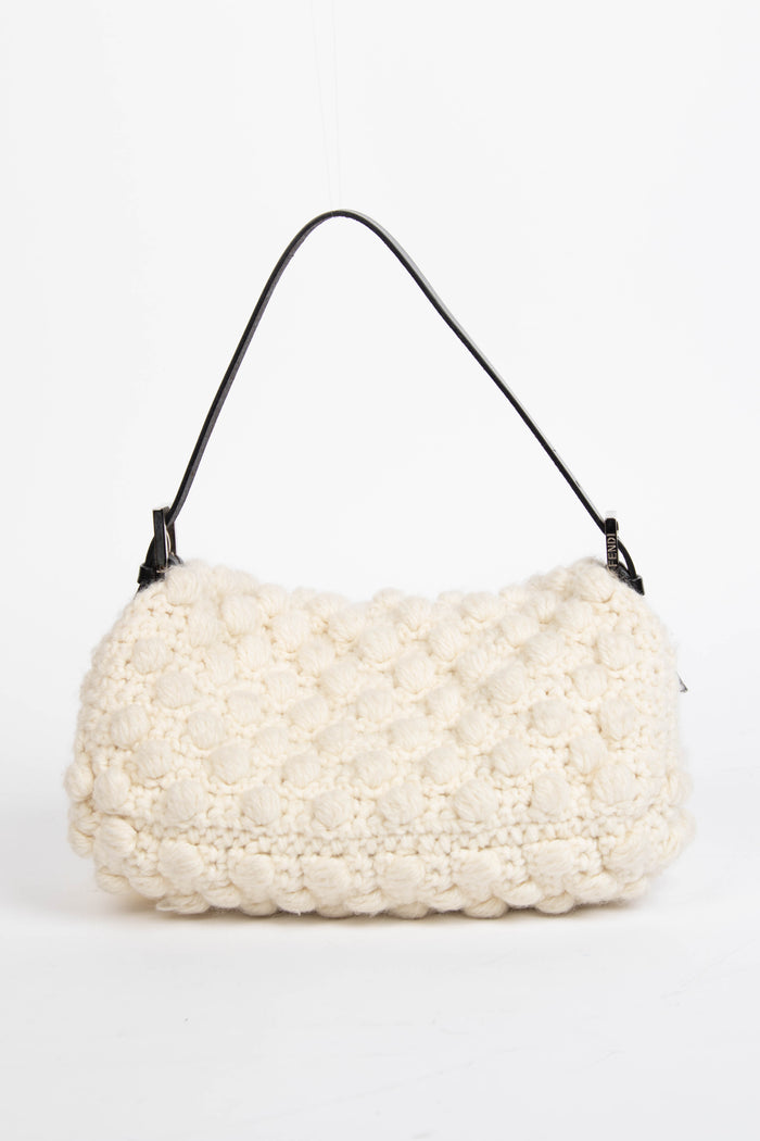 Vintage Fendi Cream Knitted Floral Embellished Baguette Shoulder Bag