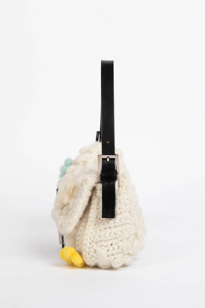 Vintage Fendi Cream Knitted Floral Embellished Baguette Shoulder Bag