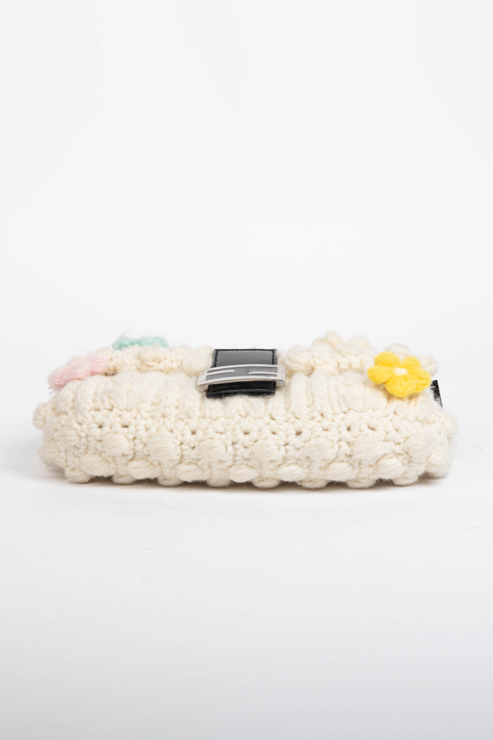 Vintage Fendi Cream Knitted Floral Embellished Baguette Shoulder Bag