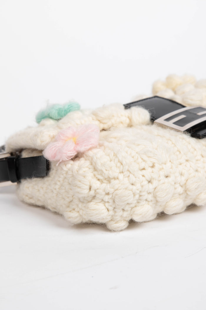 Vintage Fendi Cream Knitted Floral Embellished Baguette Shoulder Bag