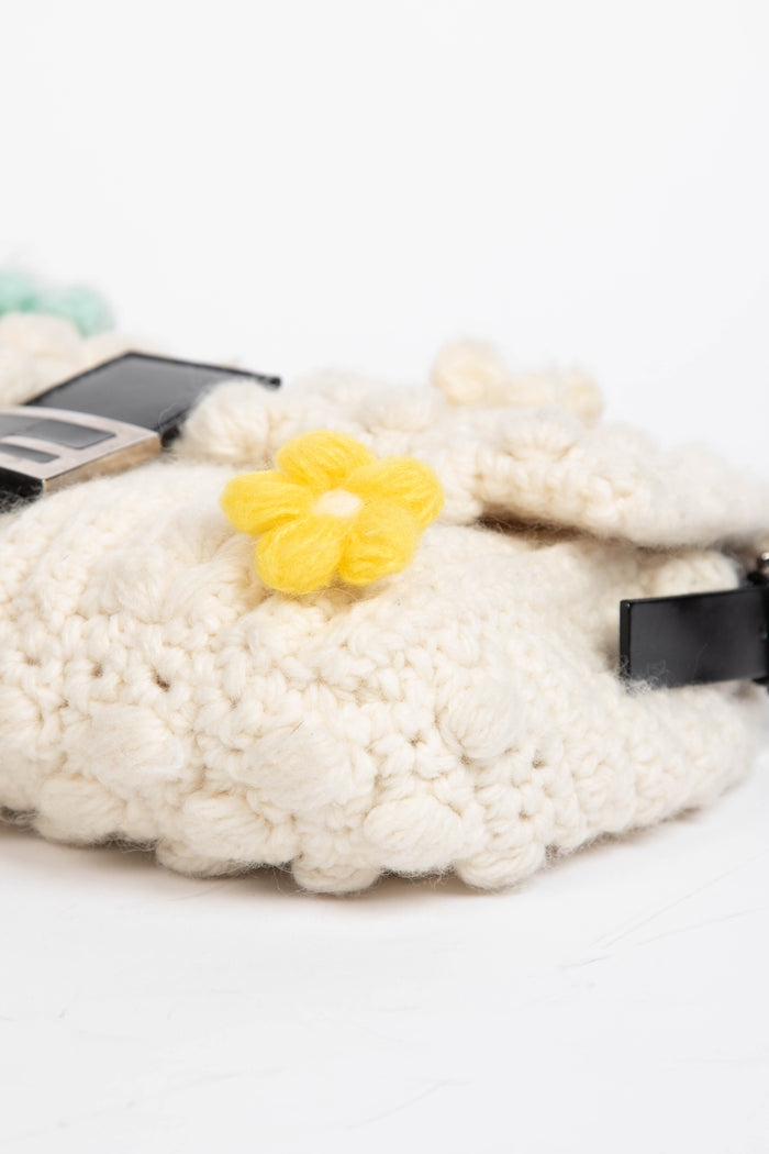 Vintage Fendi Cream Knitted Floral Embellished Baguette Shoulder Bag