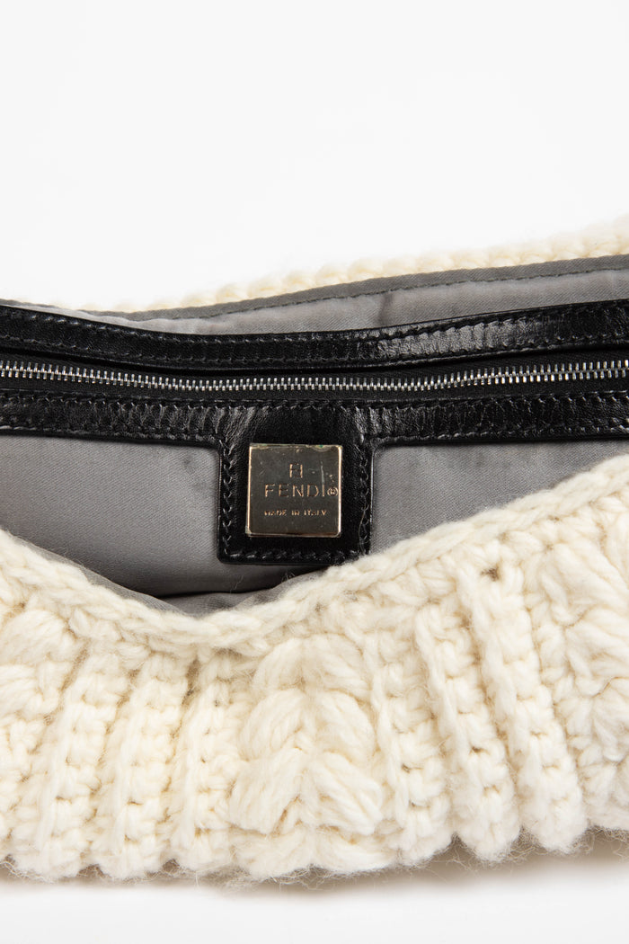 Vintage Fendi Cream Knitted Floral Embellished Baguette Shoulder Bag