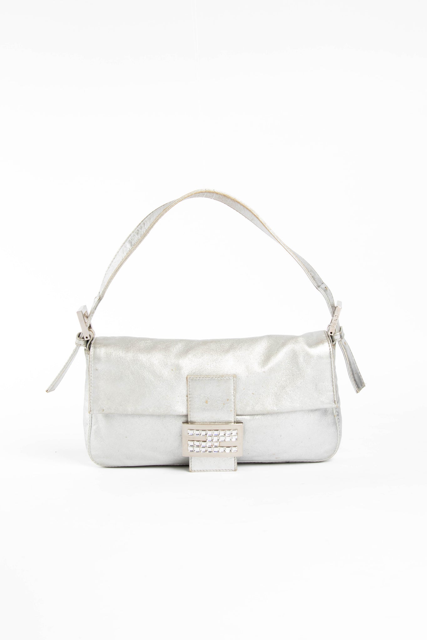 RARE Fendi Silver Crystal Baguette Shoulder Bag