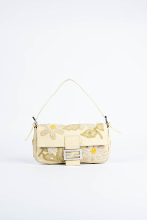 Vintage Fendi Cream Lambskin Baguette with Mesh Flower Appliqué