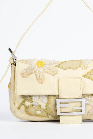 Vintage Fendi Cream Lambskin Baguette with Mesh Flower Appliqué