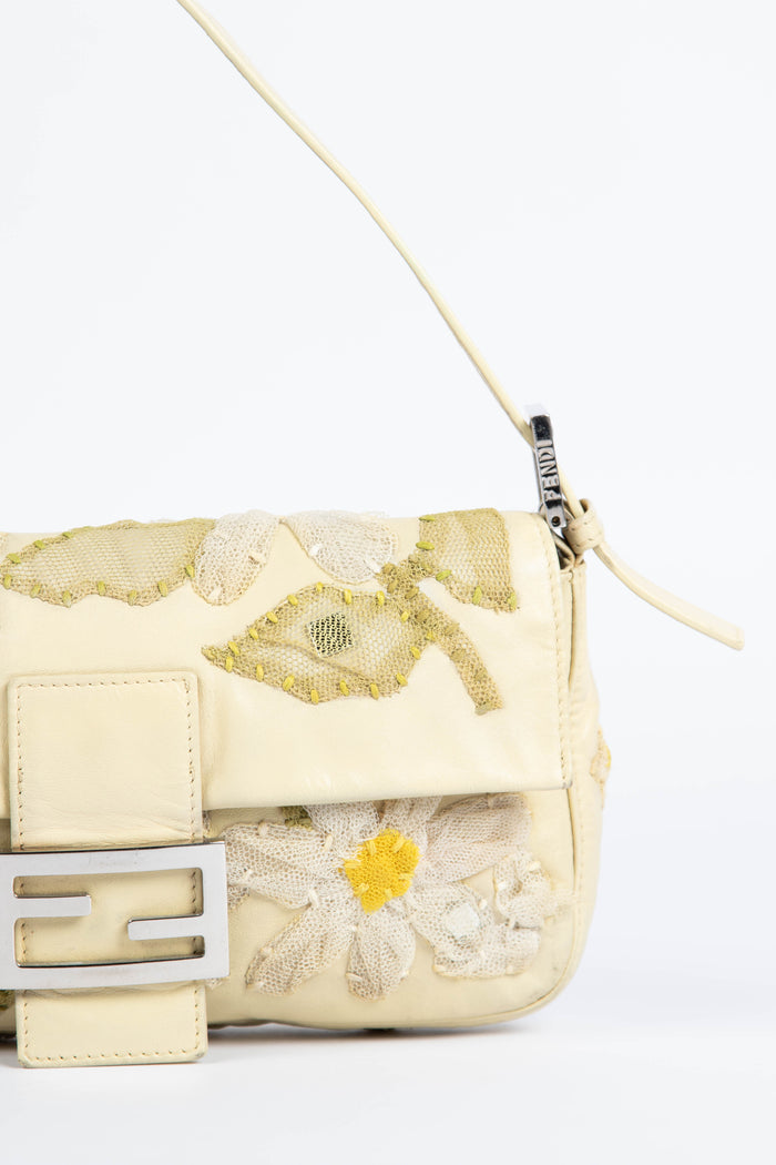 Vintage Fendi Cream Lambskin Baguette with Mesh Flower Appliqué