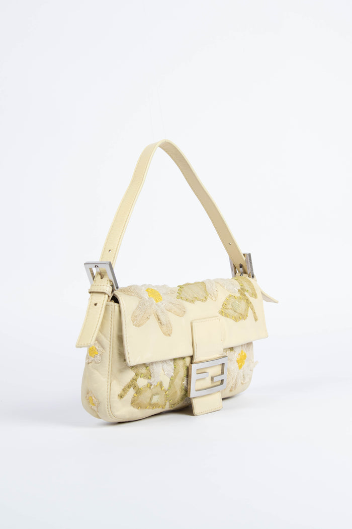 Vintage Fendi Cream Lambskin Baguette with Mesh Flower Appliqué