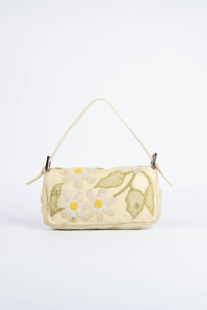 Vintage Fendi Cream Lambskin Baguette with Mesh Flower Appliqué