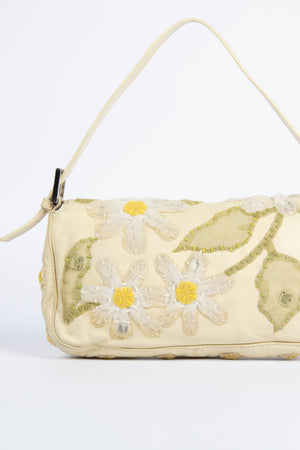 Vintage Fendi Cream Lambskin Baguette with Mesh Flower Appliqué