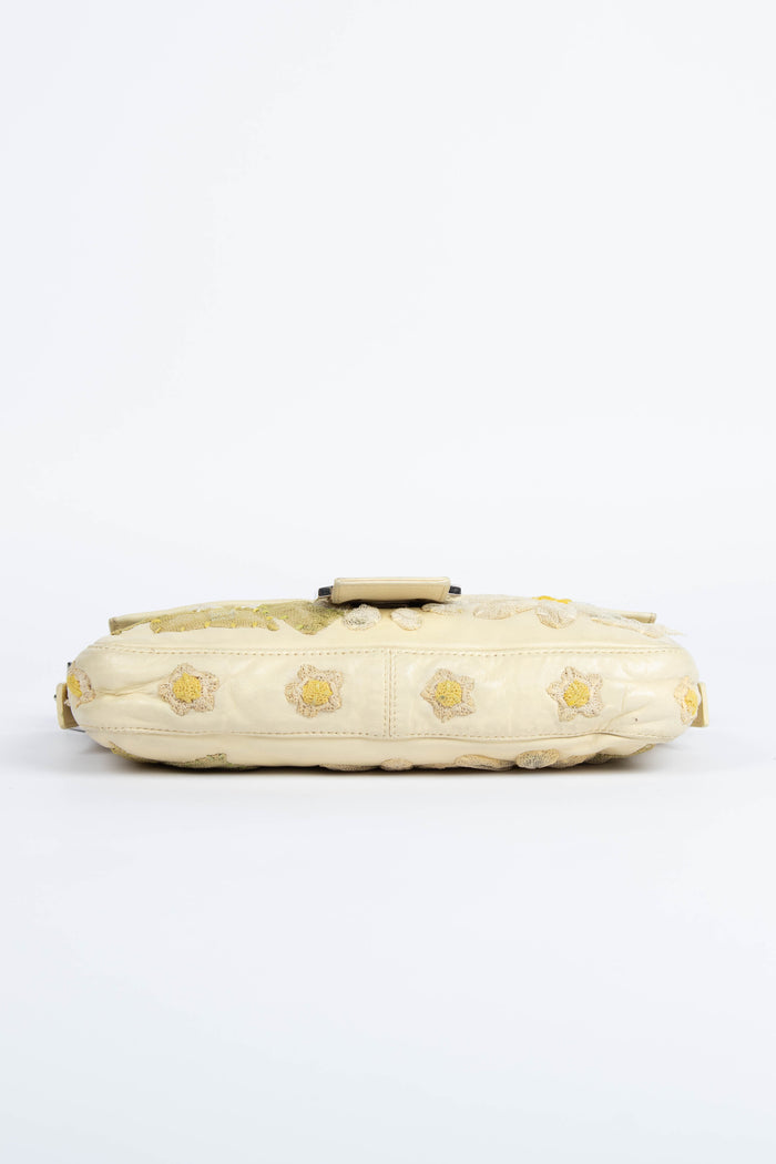 Vintage Fendi Cream Lambskin Baguette with Mesh Flower Appliqué