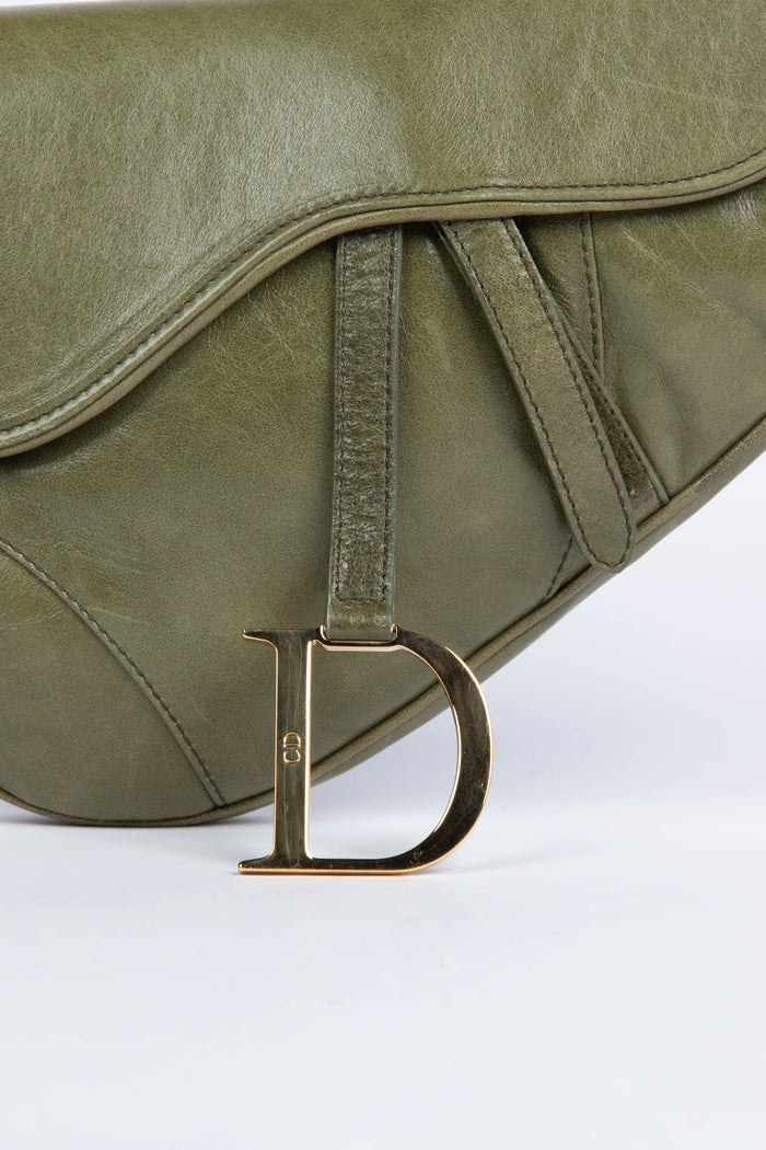 Vintage Christian Dior Green Leather Saddle Shoulder Bag