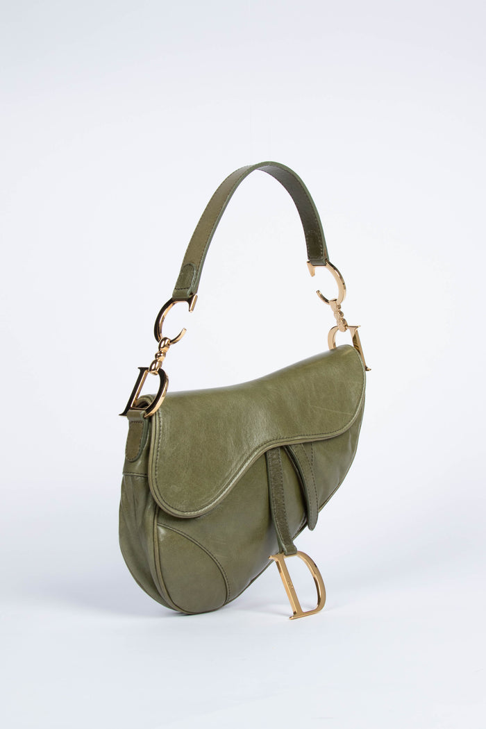 Vintage Christian Dior Green Leather Saddle Shoulder Bag