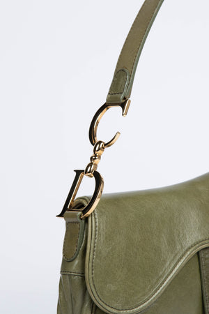 Vintage Christian Dior Green Leather Saddle Shoulder Bag