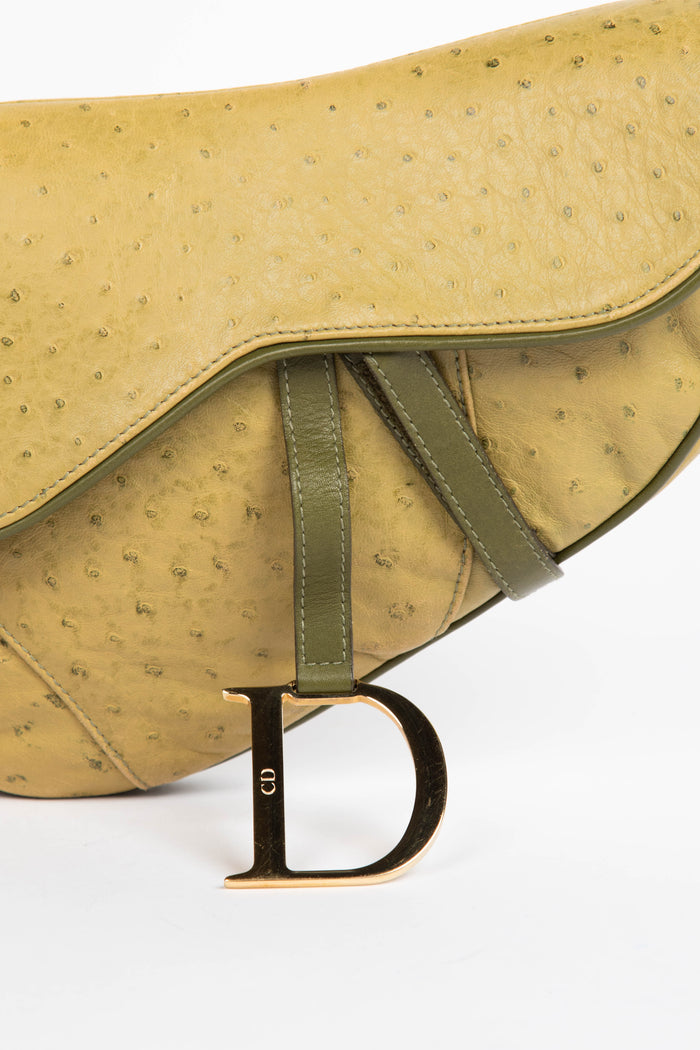 2000s Christian Dior Green Ostrich Leather Saddle Bag