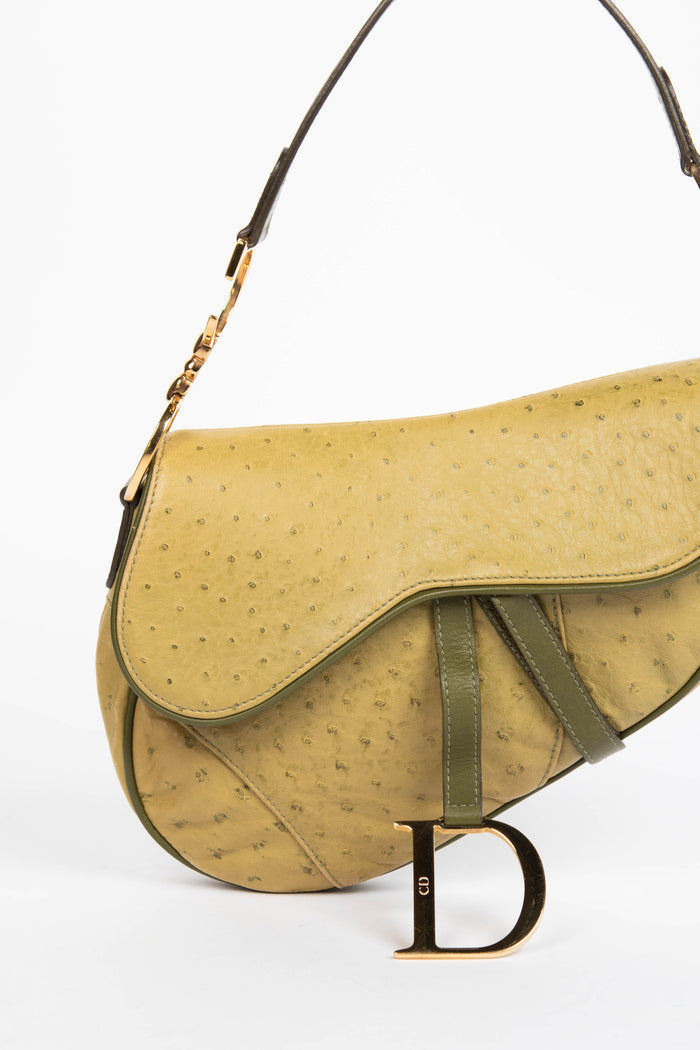 2000s Christian Dior Green Ostrich Leather Saddle Bag