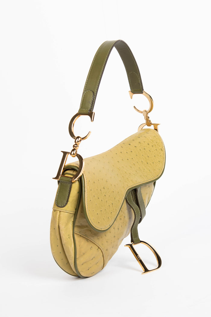 2000s Christian Dior Green Ostrich Leather Saddle Bag