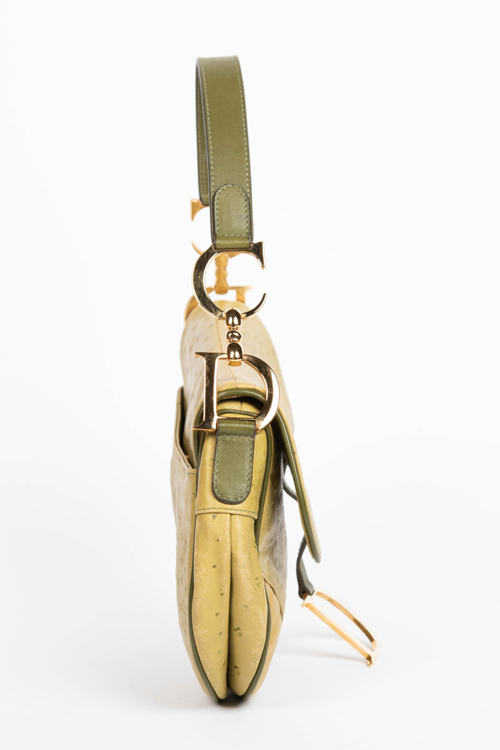 2000s Christian Dior Green Ostrich Leather Saddle Bag