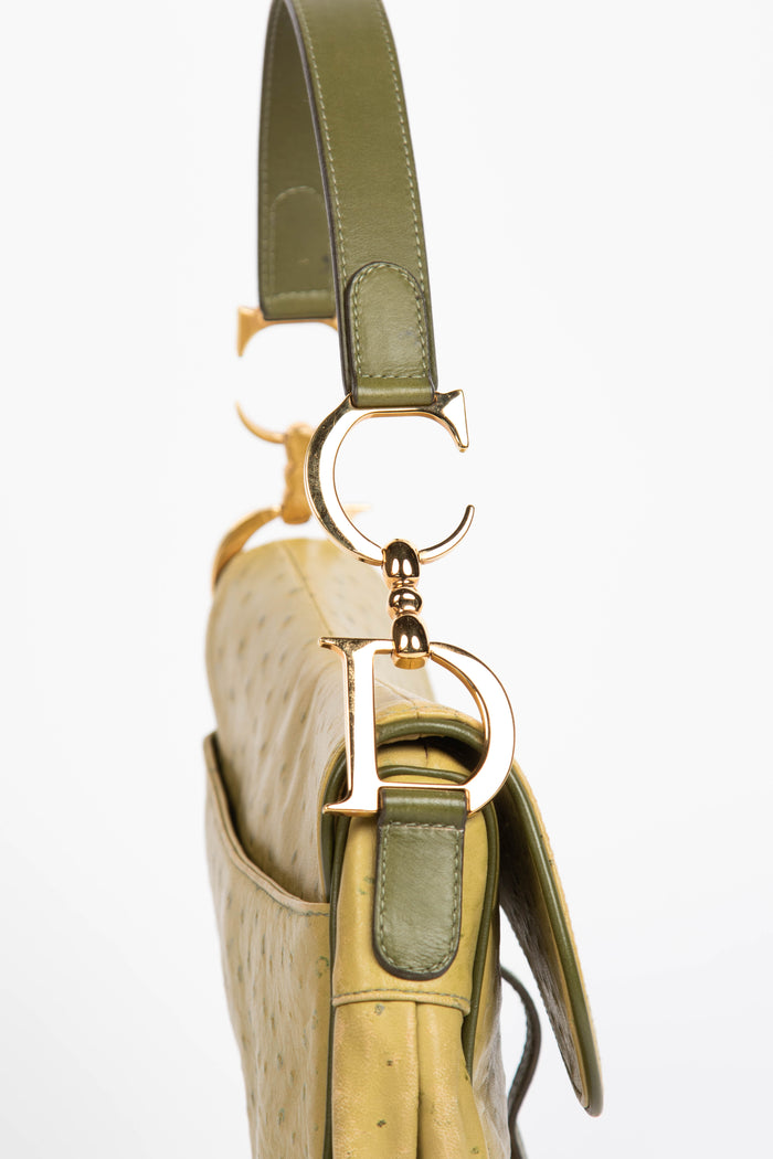 2000s Christian Dior Green Ostrich Leather Saddle Bag