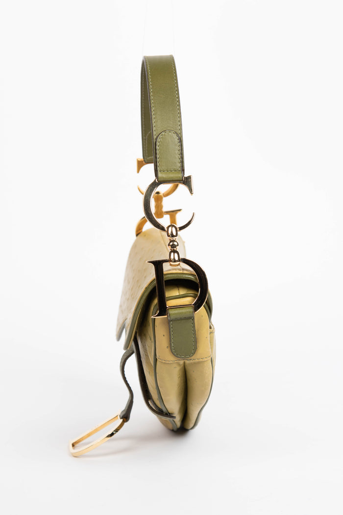 2000s Christian Dior Green Ostrich Leather Saddle Bag
