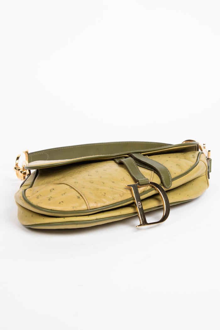 2000s Christian Dior Green Ostrich Leather Saddle Bag