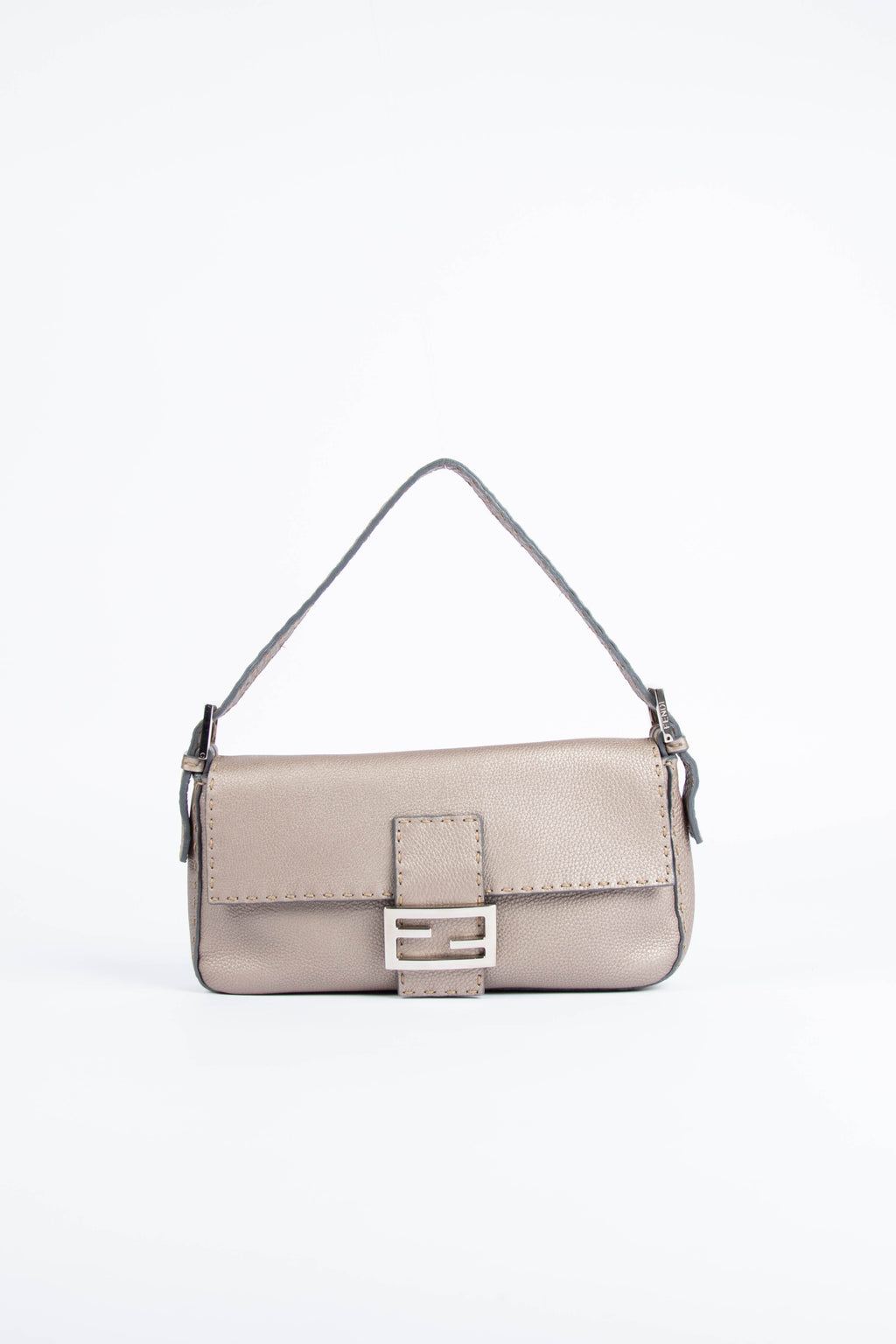 Vintage Fendi Taupe Leather Selleria Baguette Shoulder Bag