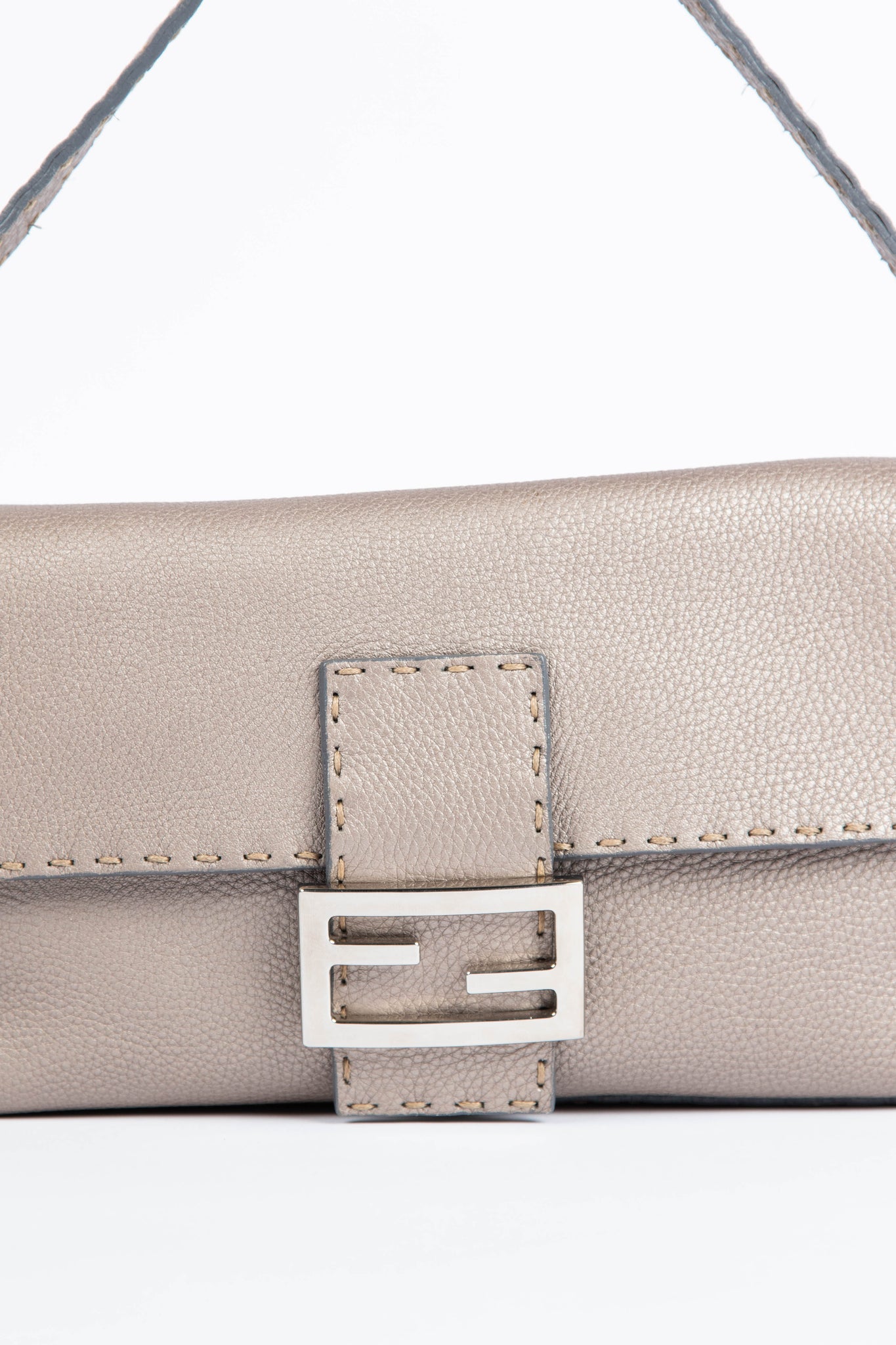 Vintage Fendi Taupe Leather Selleria Baguette Shoulder Bag