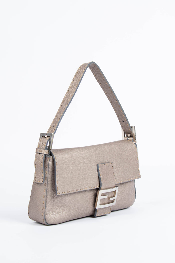 Vintage Fendi Taupe Leather Selleria Baguette Shoulder Bag