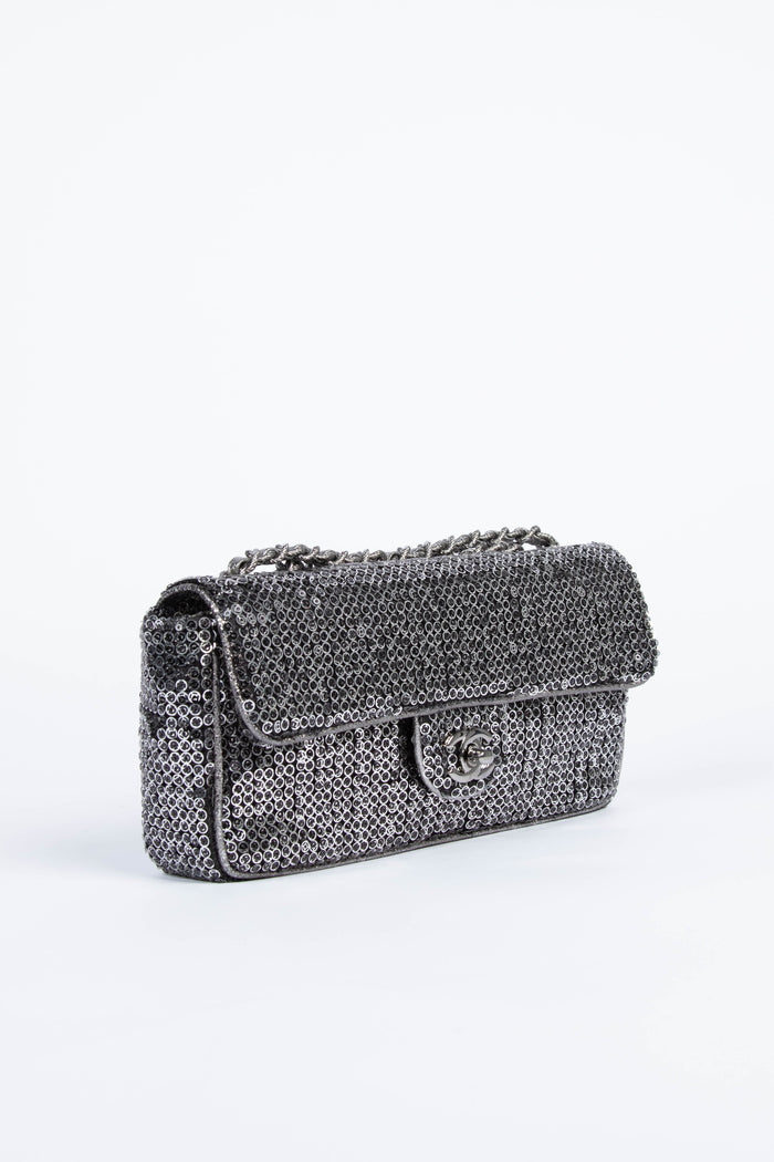 2000s Chanel Silver Sequin Single Flap East West Shoulder Bag