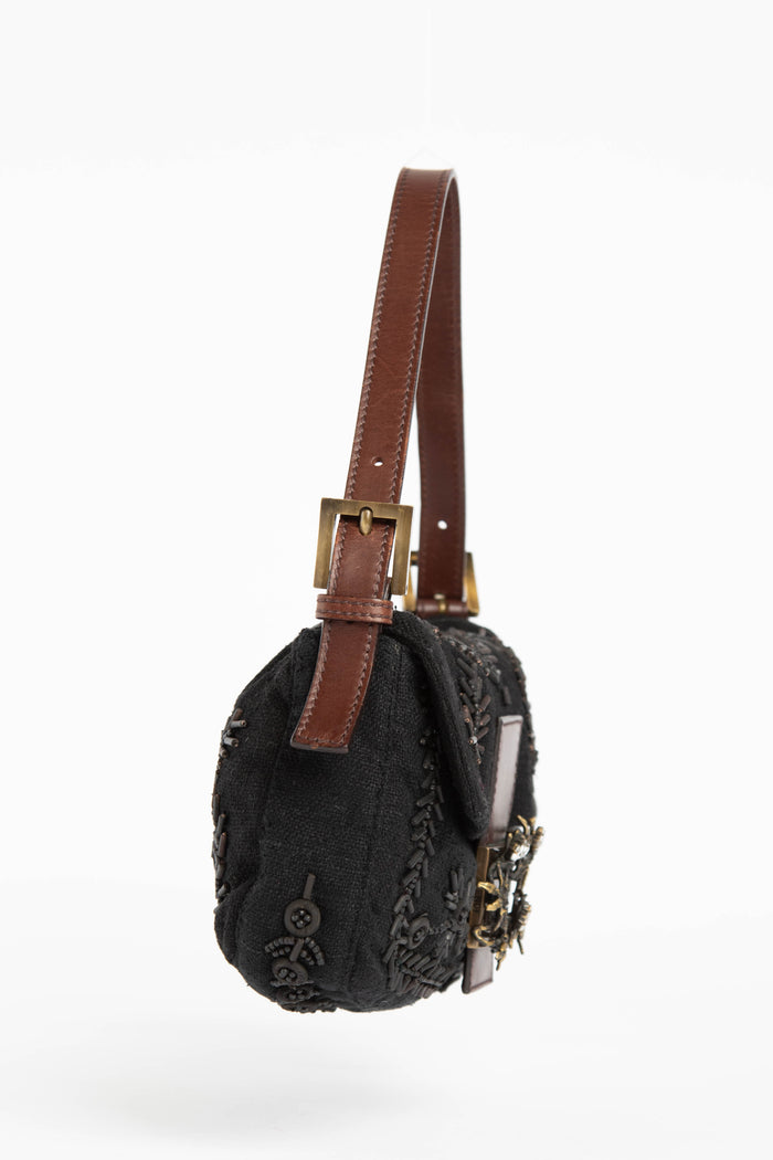 RARE Vintage Fendi Black Embroidered Baguette Shoulder Bag
