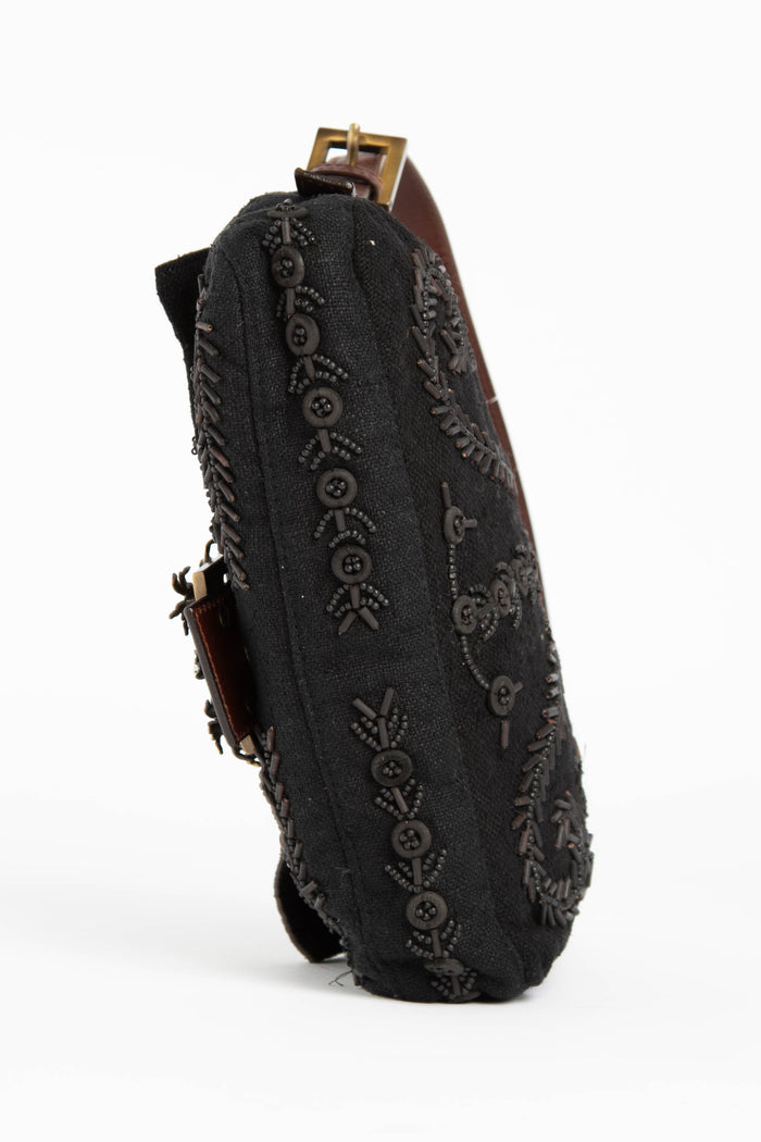 RARE Vintage Fendi Black Embroidered Baguette Shoulder Bag