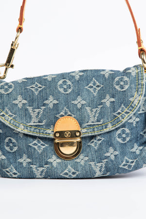 2000s Louis Vuitton Pleaty PM Blue Denim Shoulder Bag