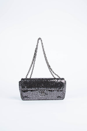 2000s Chanel Silver Sequin Single Flap East West Shoulder Bag