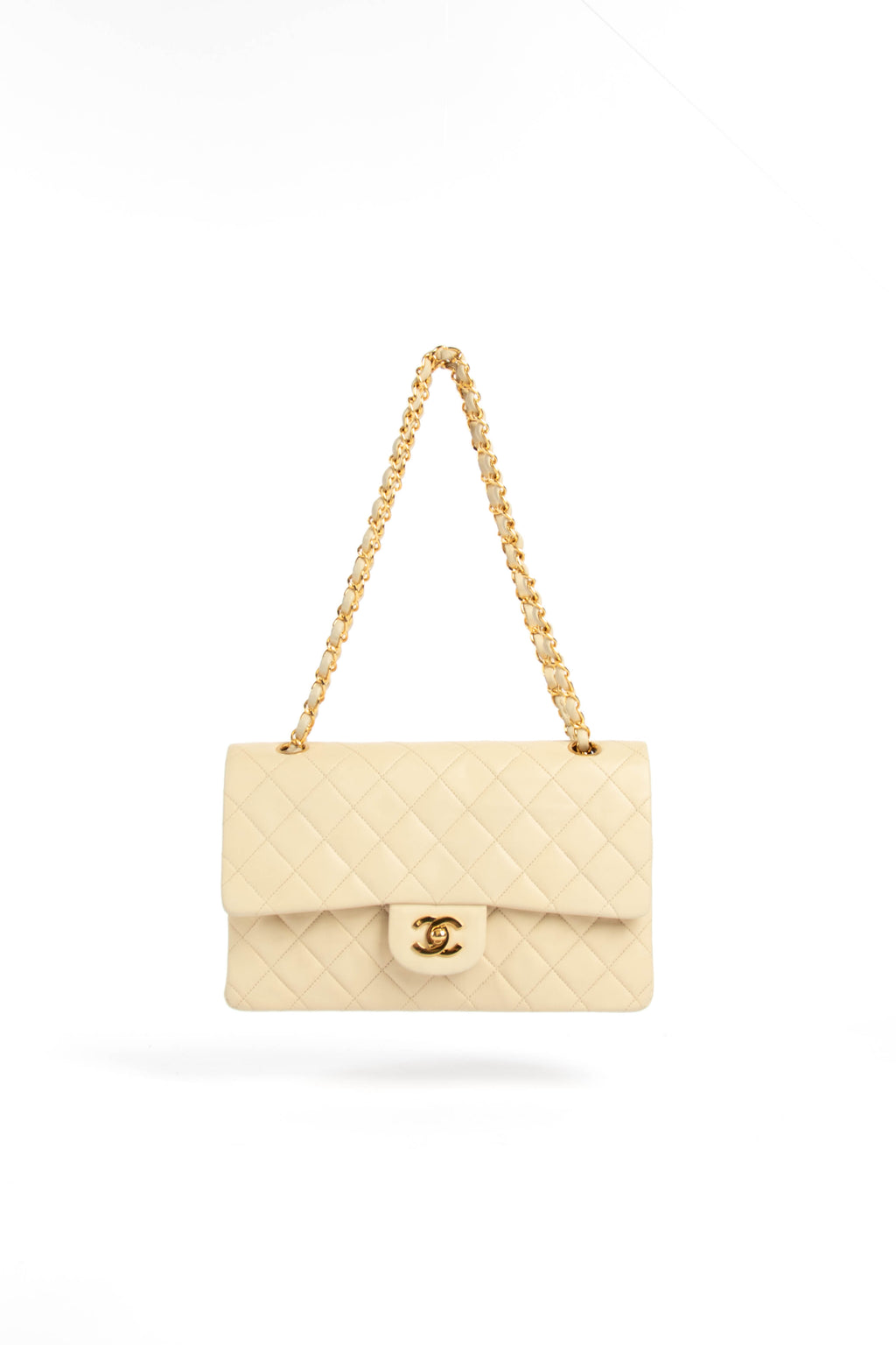 90s Chanel Ivory Lambskin Classic Double Flap Shoulder Bag with 24K GHW