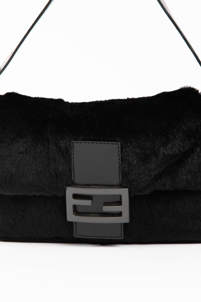 Vintage Fendi Black Fur Baguette Shoulder Bag
