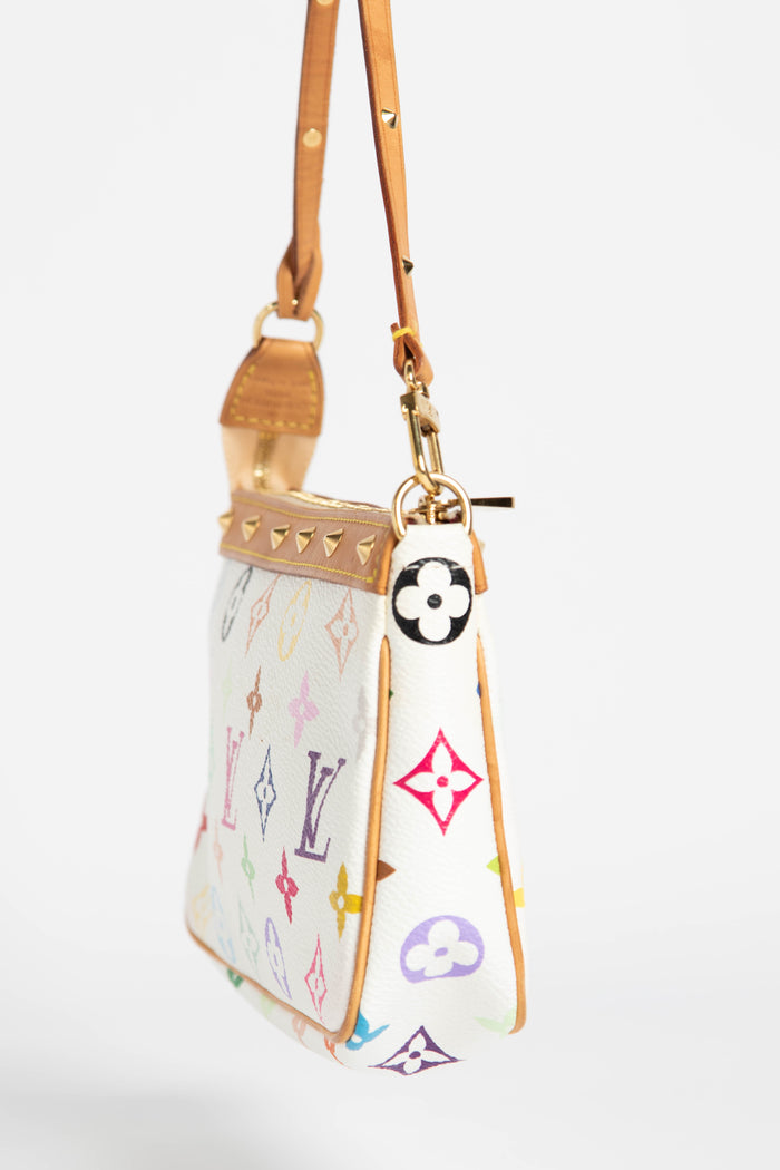 From the Takashi Murakami Collection. White and multicolor monogram coated  canvas Louis Vuitton key pouch with brass ha…