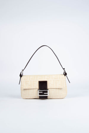 Vintage Fendi Cream Canvas Zucca Baguette Shoulder Bag