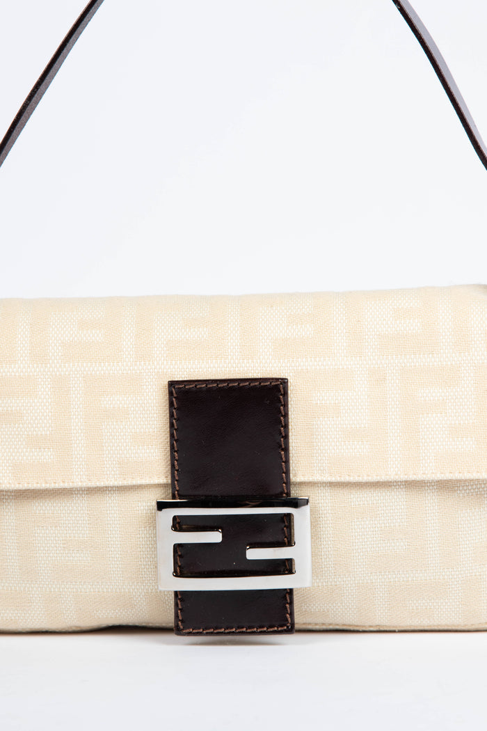 Vintage Fendi Cream Canvas Zucca Baguette Shoulder Bag